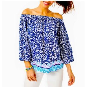 NWT Lilly Pulitzer Nevie Off-The-Shoulder Top in Oyster Bay Blue Krillin It